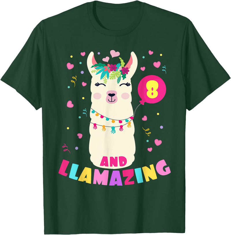 Llamazing Birthday Party Outfit Llama Lovers Llamazing 8 Years Old Girl Birthday Cute Llama Alpaca Kids T-Shirt - Dark Green