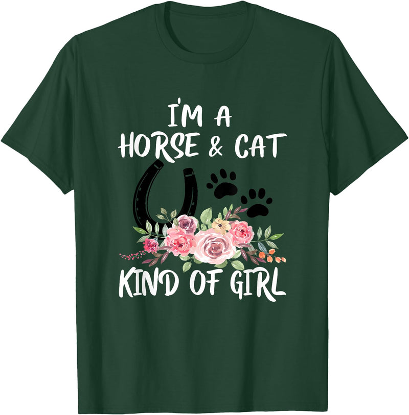 Horse-riding and Cat-Pet Gifts I Am Horse & Cat Kind Of Girl Horseshoe Paws T-Shirt - Dark Green