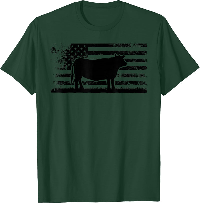Funny Red Angus Rancher Gift for Cattle Lover USA American Flag - America Cow Red Angus Rancher T-Shirt - Dark Green