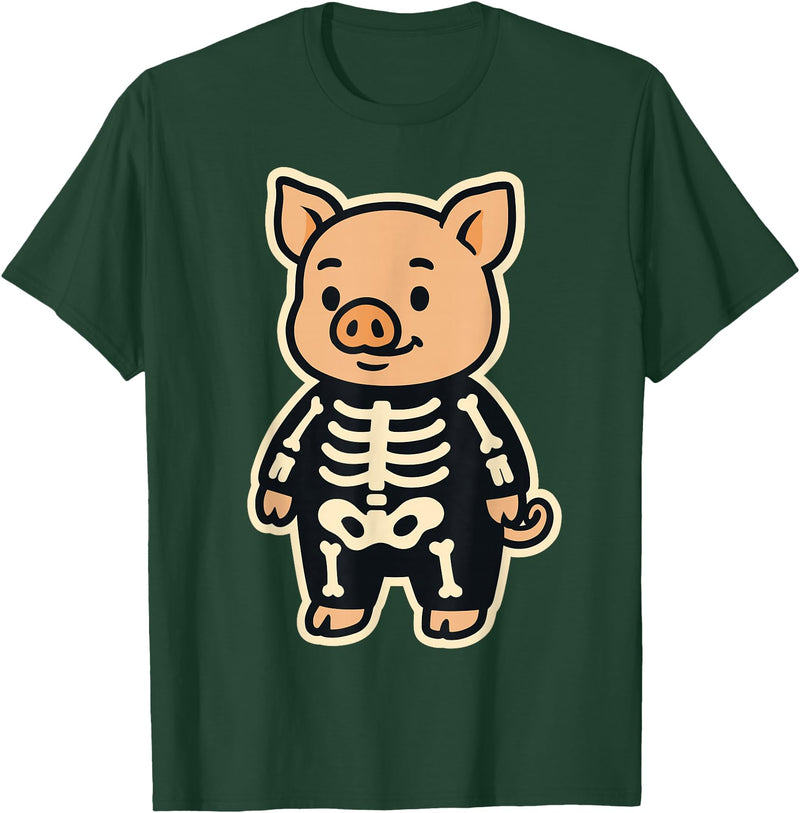 Spooky Cute Cartoon Animals in Halloween Outfits Funny Pig Skeleton Costume for Kids Boys Girls Halloween T-Shirt - Dark Green