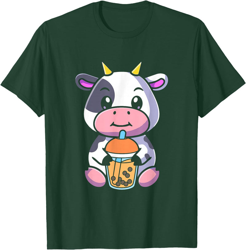 Bubble Milk Tea Cow Boba Tea Apparel Bubble Milk Tea Cow Cute Cow Drinking Boba Milk Tea T-Shirt - Dark Green
