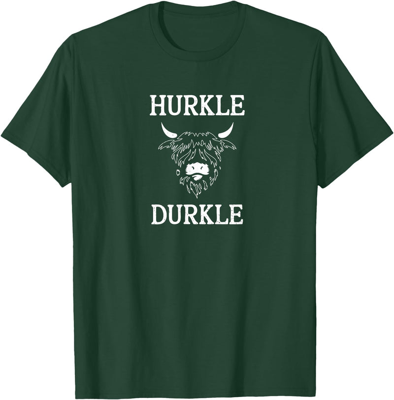 The Kilted Crow Hurkle Durkle Funny Scotland Highlands Cow Graphic T-Shirt - Dark Green