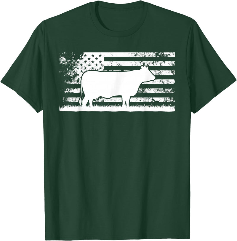 Funny Charolais Rancher Gift for Cattle Lover American Flag - American Cow Charolais Rancher T-Shirt - Dark Green
