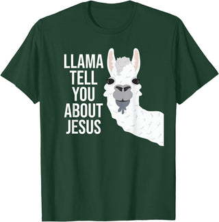 BDAZ Llama Tell You About Jesus Funny Christian Bible Gospel T-Shirt - Dark Green