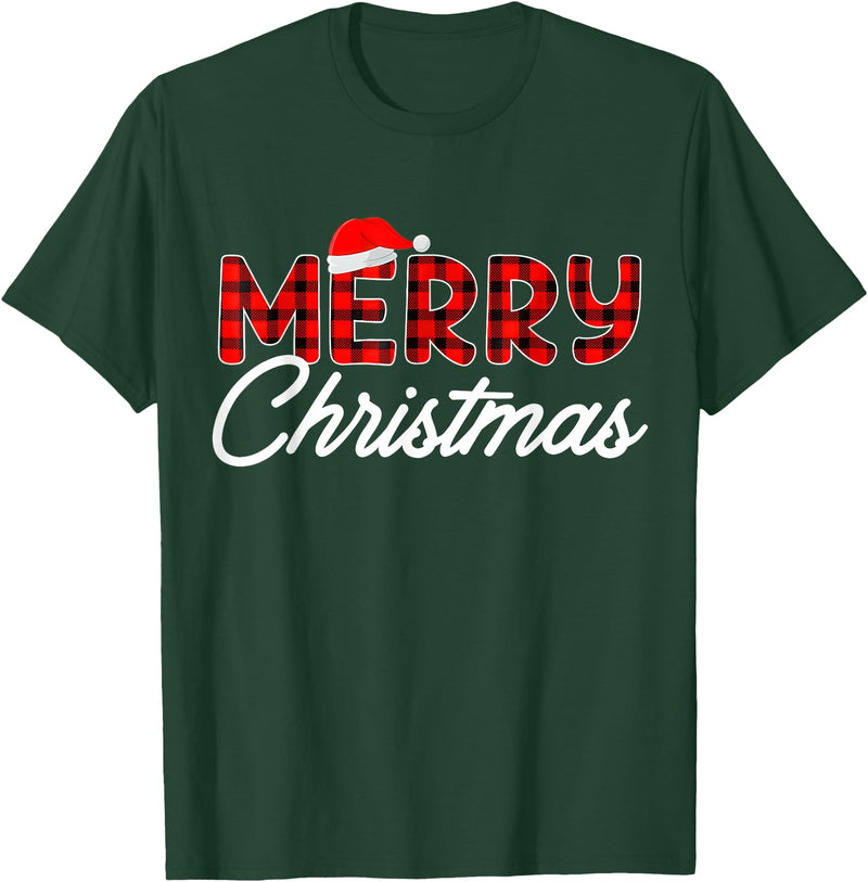Merry Christmas Buffalo t -shir t Merry Christmas Buffalo Plaid Red Santa Hat Xmas Pajamas T-Shirt - Dark Green