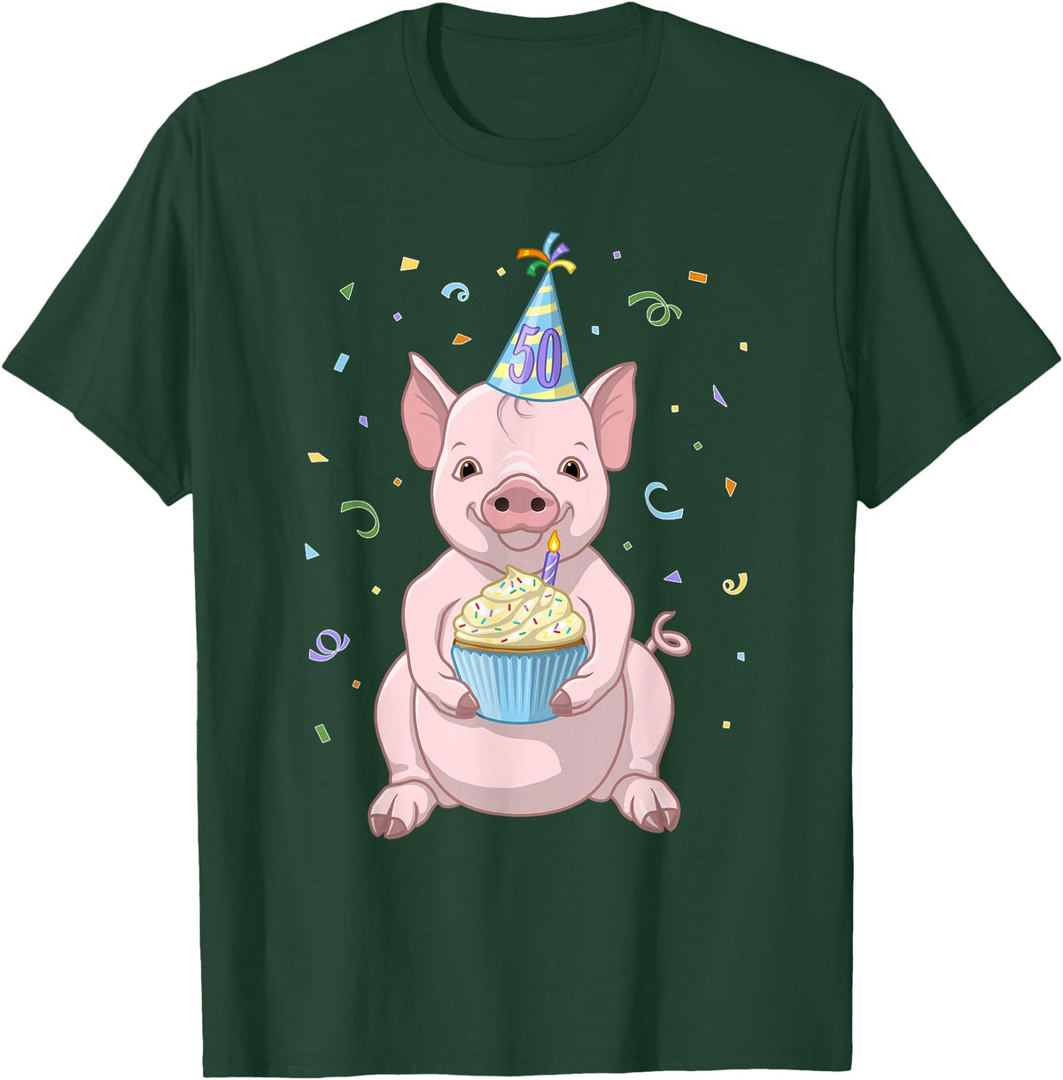 Funny Party Animals Cute Pink Pig Party Hat 50th Birthday Cupcake Gift T-Shirt - Dark Green
