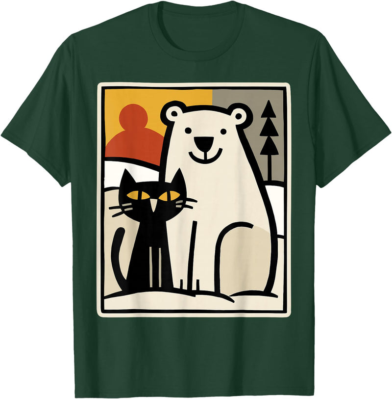 Utschki Bratschki Black Cat and Polar Bear Winter Animal Cute Snow Art T-Shirt - Dark Green