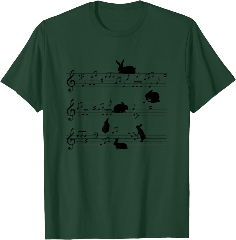 Cute Bunny Rabbit Playing Music Notes Musician T-Shirt in Dark Green