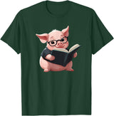 Book Lovers Pig reading Books Cute Pig is reading a Book, Reading Pig T-Shirt - Dark Green