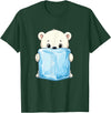 Cute Arctic Polar Bear With Ice Cube Kawaii Baby Polar Bear Holding Ice Cube Cartoon T-Shirt - Dark Green