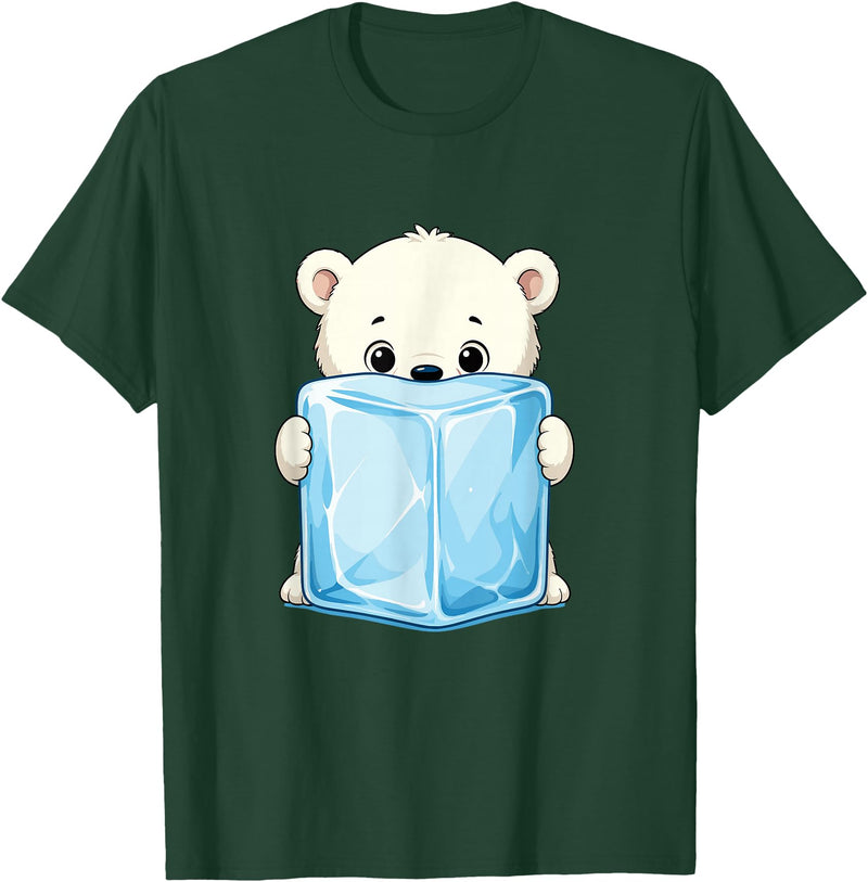 Cute Arctic Polar Bear With Ice Cube Kawaii Baby Polar Bear Holding Ice Cube Cartoon T-Shirt - Dark Green
