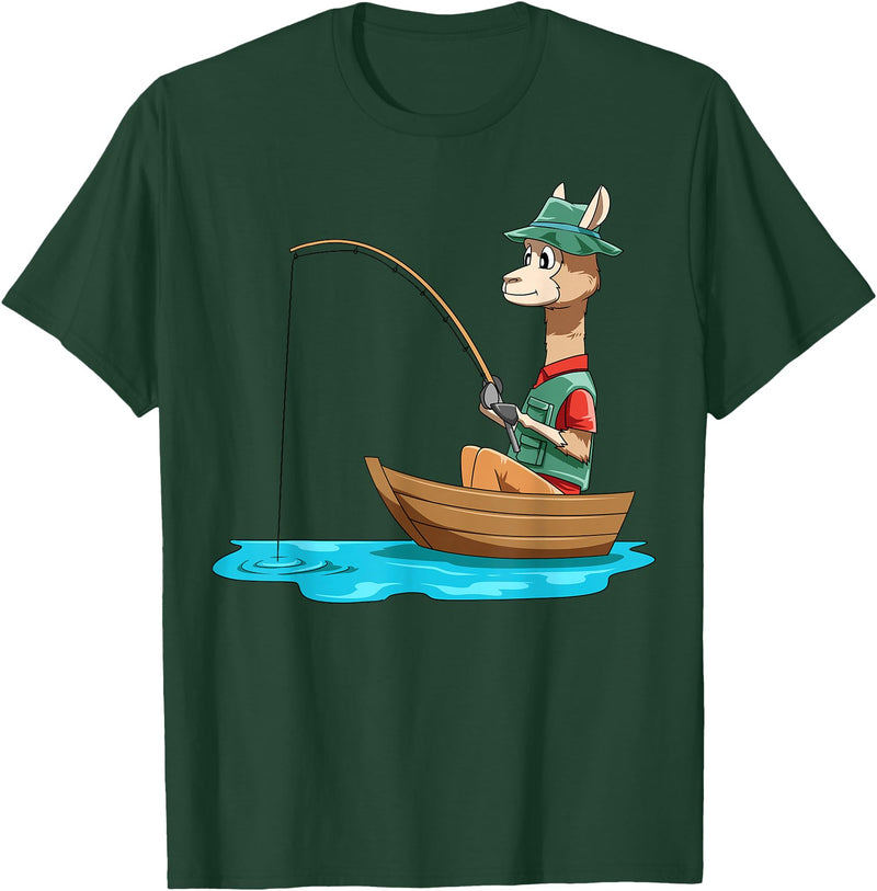 SubliminalFantasy Co. Llama Fishing Llama Fisherman Boat Fishing Lovers T-Shirt - Dark Green