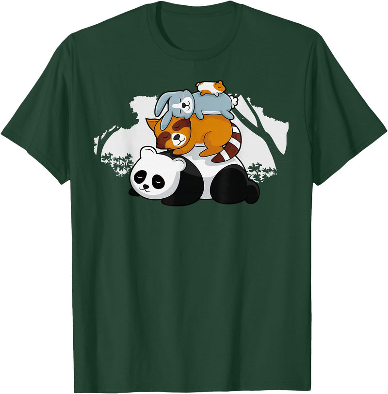 Panda Raccoon Rabbit Hamster Pyramid Cute Sleeping Animals T-Shirt in Dark Green