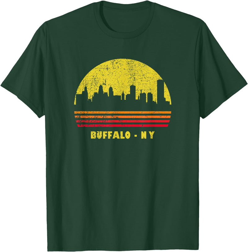 Wowsome! Vintage Retro Sunset Buffalo NY Skyline T-Shirt - Dark Green