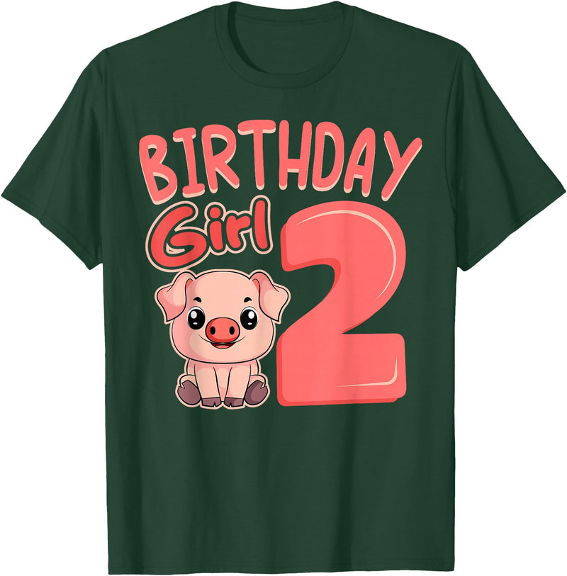 Pig Birthday 2 Cute Girl Farm Party Apparel Pig 2nd Birthday Girl Party Oink Farm Hog Farmyard Piggy T-Shirt - Dark Green