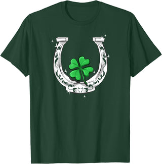 Lucky Clover Horses Co Horseshoe Lucky Four Leaf Clover Horse T-Shirt - Dark Green