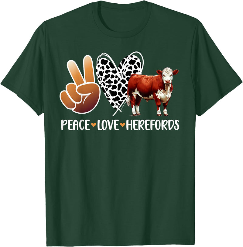 Cute Hereford Cattle Hereford Cow Boy Peace Love Hereford Cow Lover Hereford Cow Girl T-Shirt - Dark Green