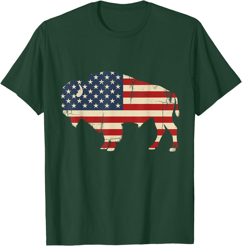 Bison American Buffalo Patriotic Heritage Lr Vintage Buffalo American Flag USA Bison Lover Wildlife T-Shirt - Dark Green