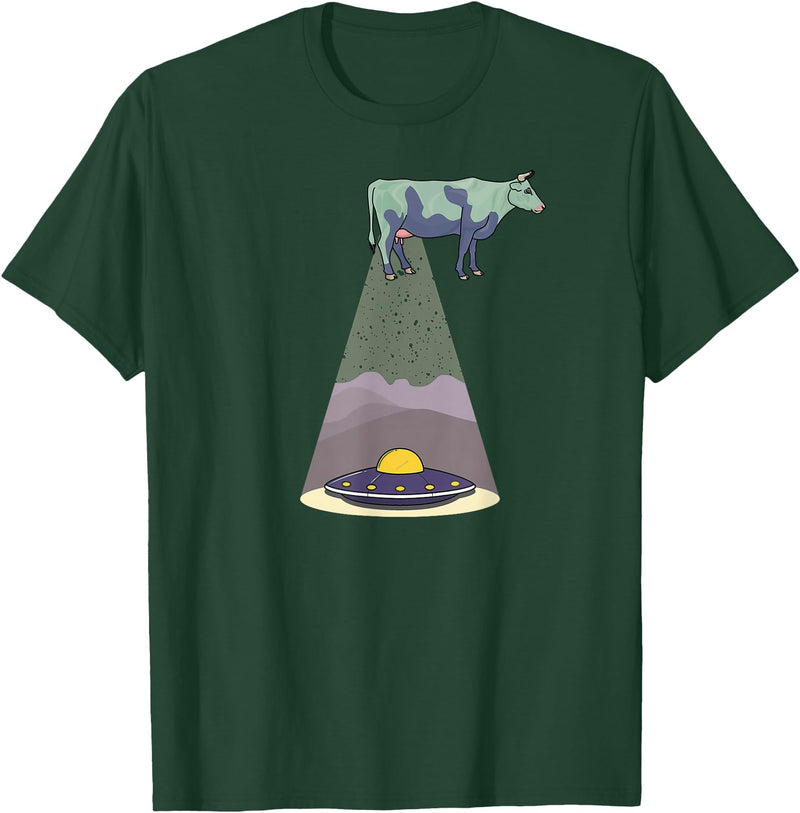 Funny Alien Abduction Cow UFO T-Shirt - Dark Green