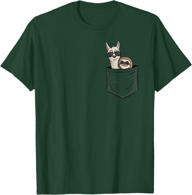 Llama Alpaca Gifts By Skizzenmonster Hipster Llama & Sloth With Sunglasses T-Shirt - Dark Green
