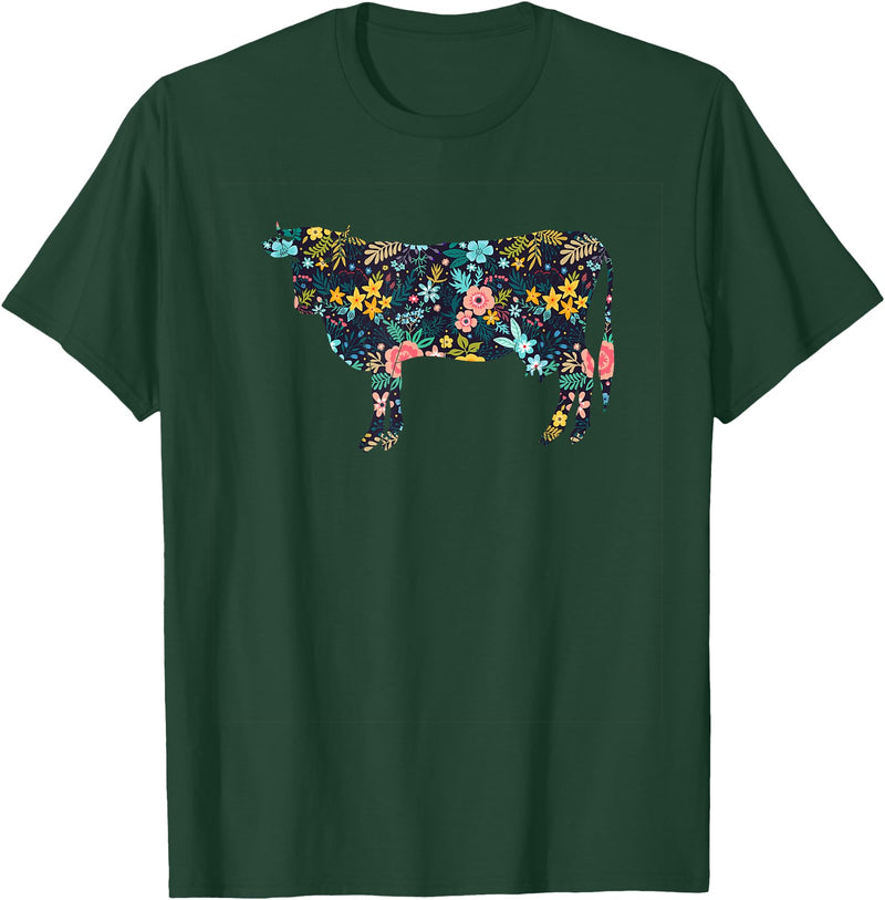Cow Floral Silhouette Cattle Farm Lover Floral Cow Silhouette Womens Girls Cow Farm Animal T-Shirt - Dark Green