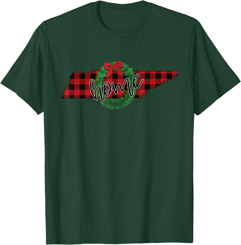USA State Tennessee Christmas Buffalo Plaid Tennessee Buffalo Plaid Christmas Home Wreath Retro T-Shirt - Dark Green