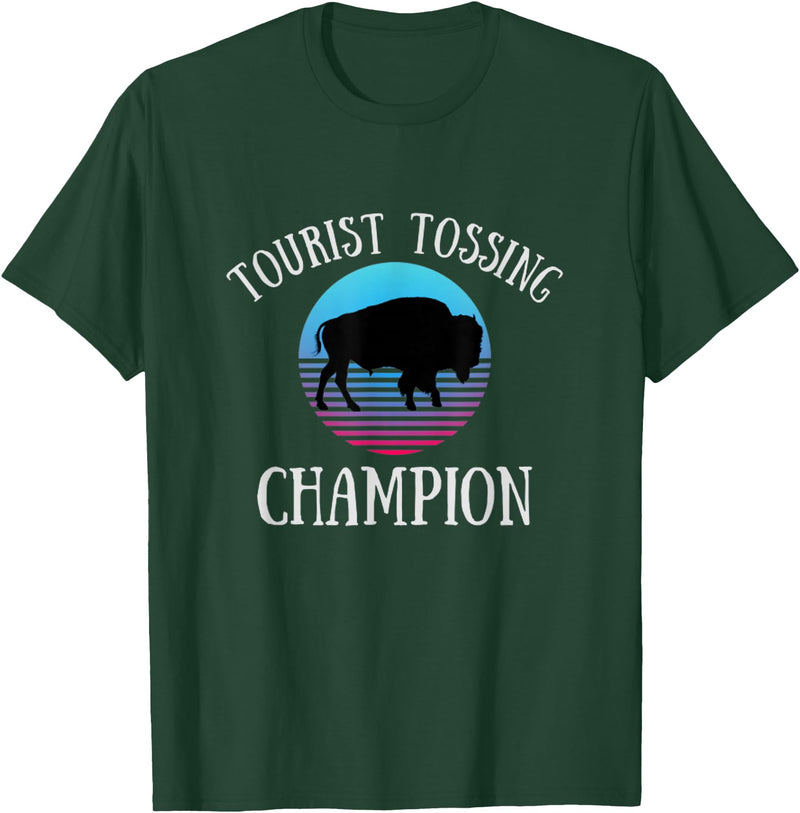 Fluffy Cows Tourist Tossing National Park Apparel Funny Bison Tourist Tossing Champion National Park T-Shirt - Dark Green