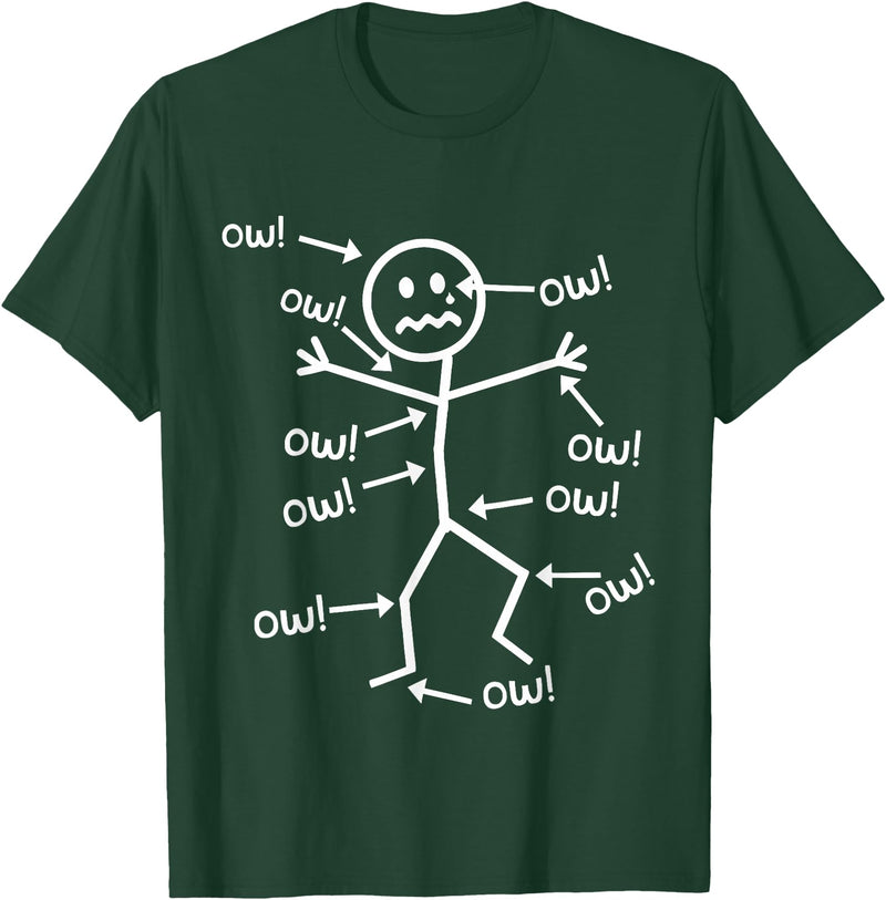 Funny Humorous Tee Gifts for Men Women Funny Body Pain Diagram - Chronic Pain Stick Figure - Ow! T-Shirt - Dark Green