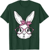 Cute Bunny Rabbit Face with Bandana Heart Glasses Easter Day T-Shirt in Dark Green