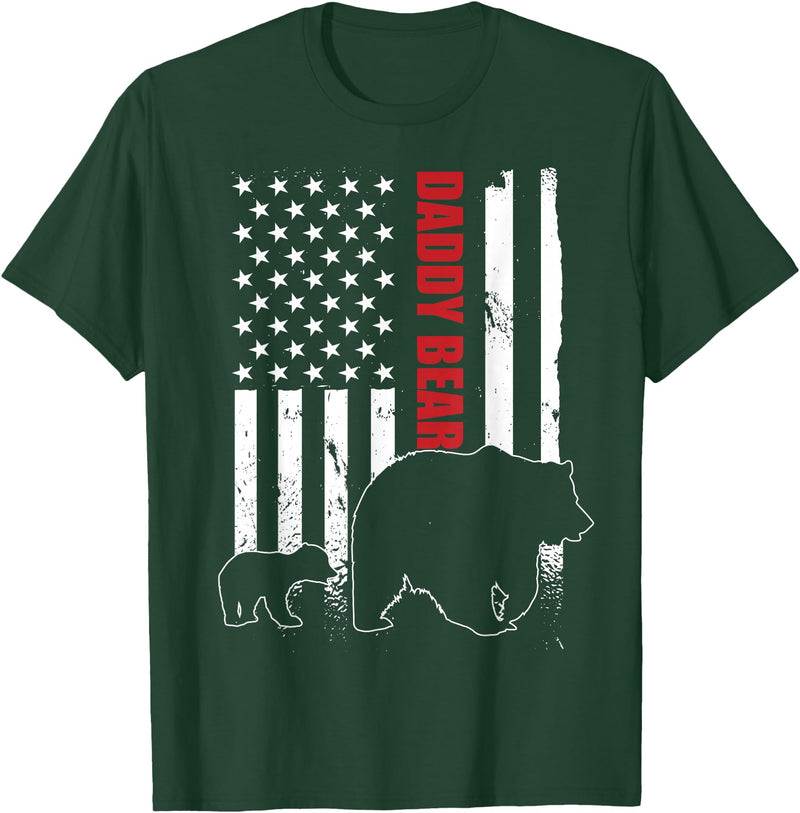 Vintage Gift for proud Dad 4th of July Daddy Bear with cub American Flag Papa Bear Father's Day T-Shirt - Dark Green