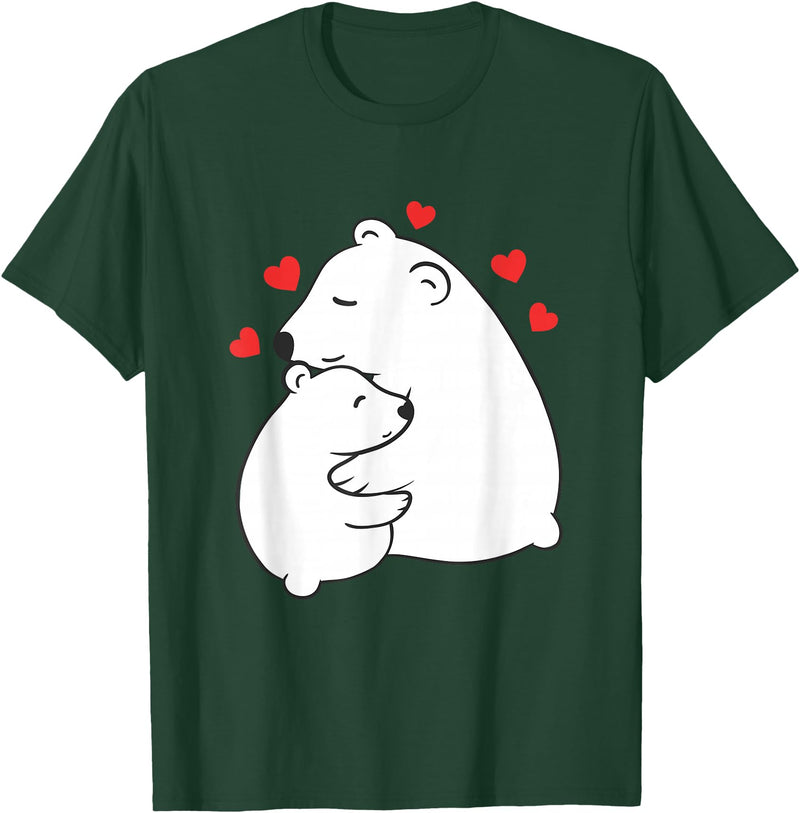 Mother's Day Clothing Gift Idea Cute Mama and Baby Polar Bear Cub Hugging Mothers Day T-Shirt - Dark Green