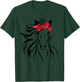 Horse Bandana Tee For Women Girls Tee Horse Bandana Tee for Horseback Riding Horse Lover T-Shirt - Dark Green