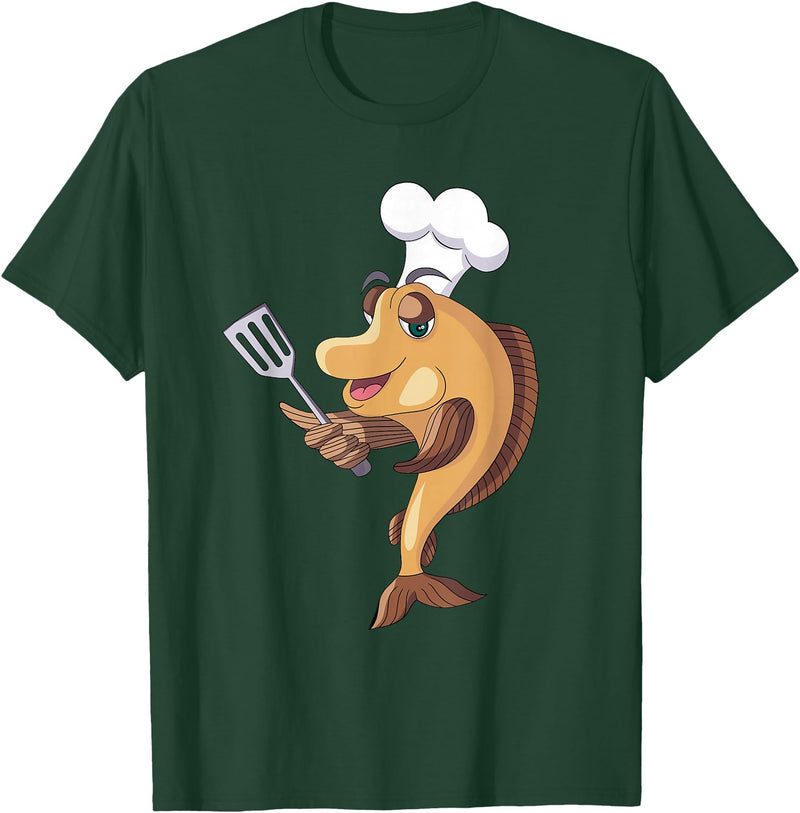 Cool Fish Character Apparel & Co. Fish Chef Fishing and Cooking T-Shirt - Dark Green
