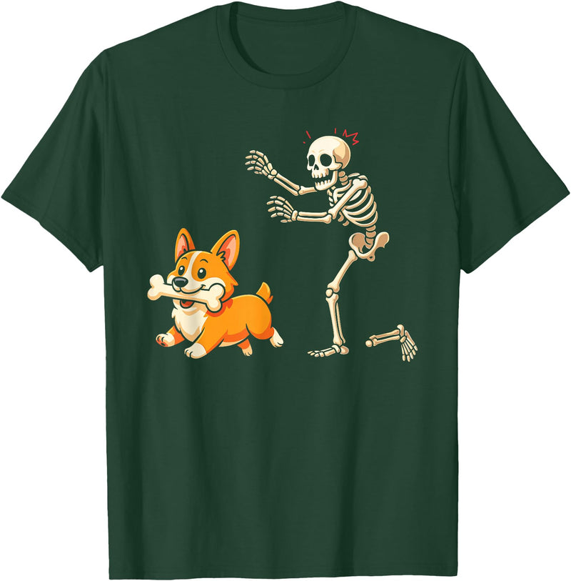 Funny Skeleton Chasing Dog Corgi Halloween Dog Funny Skeleton Chasing Corgi Dog T-Shirt - Dark Green