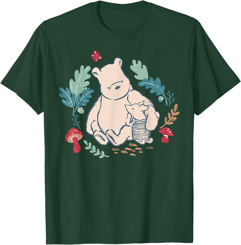 Disney Winnie The Pooh Classic Illustration Piglet and Pooh T-Shirt - Dark Green