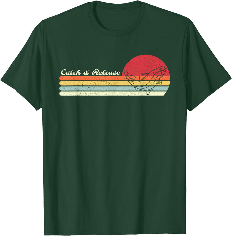 Retro Sunset Brook Trout Salmon Fisherman Designs Angler Catch & Release Trout Fly Fishing Vintage Distressed T-Shirt - Dark Green