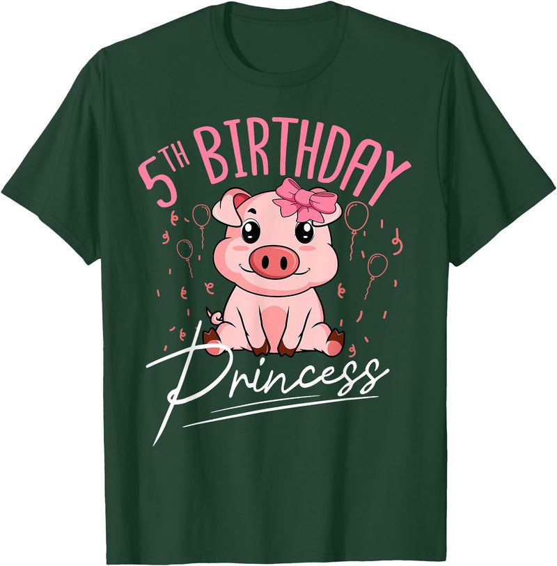 Pig Birthday 5 Cute Piggy Barn Party Apparel Pig 5th Birthday Princess Farm Party Hog Farmer Barnyard T-Shirt - Dark Green