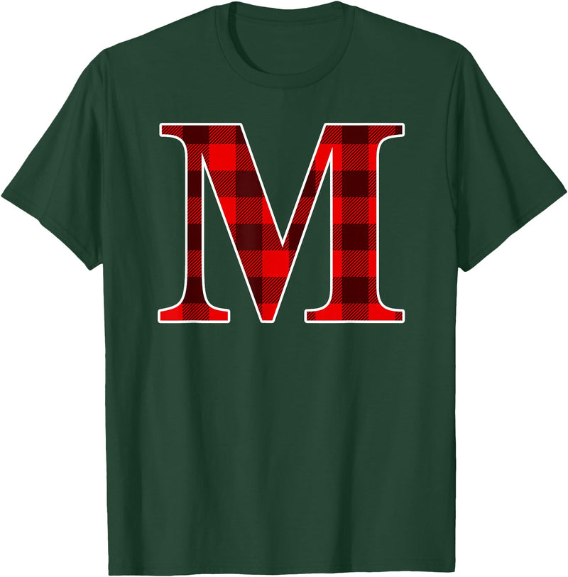 Buffalo Plaid Forever Buffalo Plaid Monogram Letter M Matching Holiday T-Shirt - Dark Green