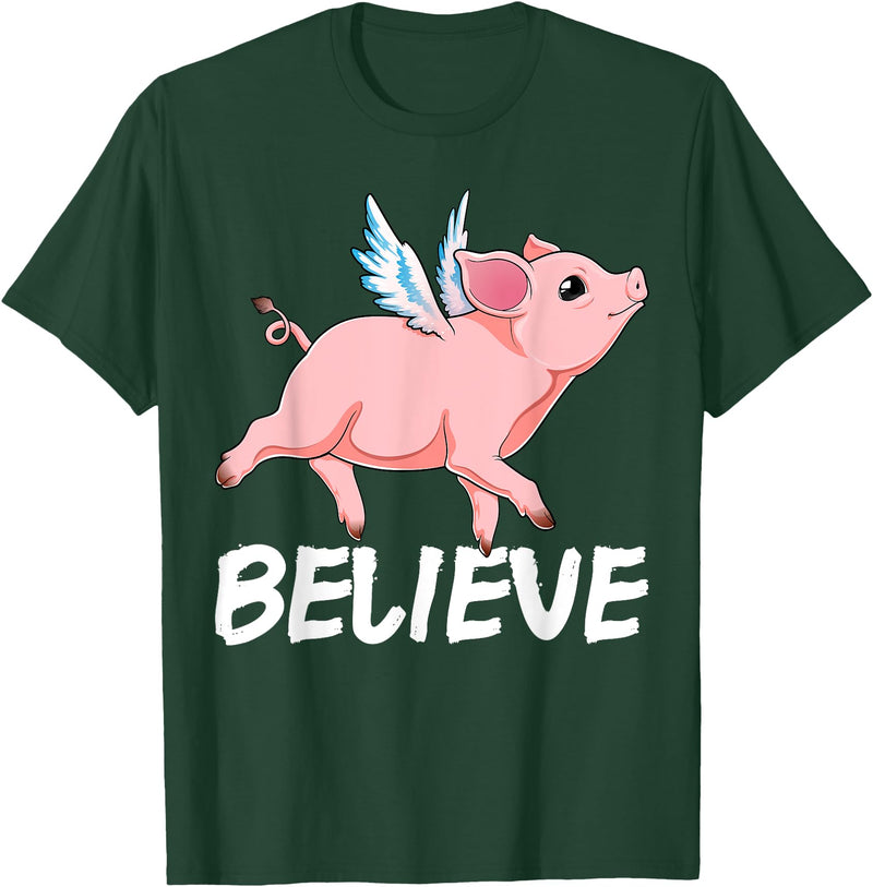 GoshWow Flying Pig Believe Pigs Fly Believe Idiom Motivational T-Shirt - Dark Green