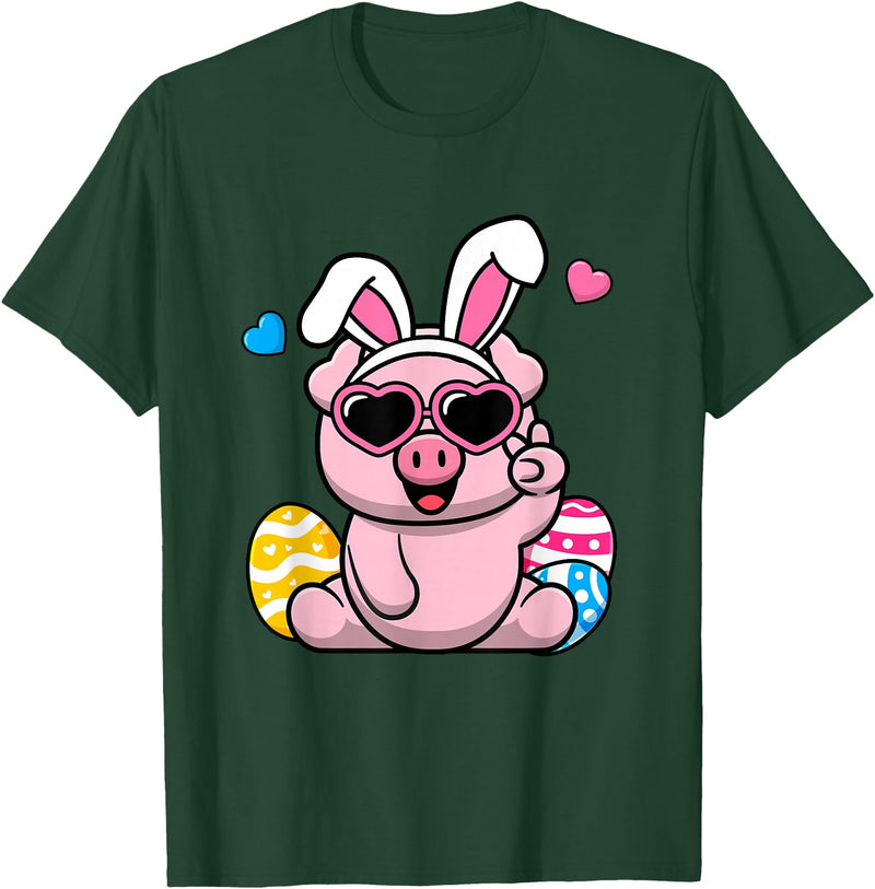 Cute Bunny Pig Happy Easter Day Gift Cute Pig Bunny Ears Easter Day Boy Girl Kids T-Shirt - Dark Green