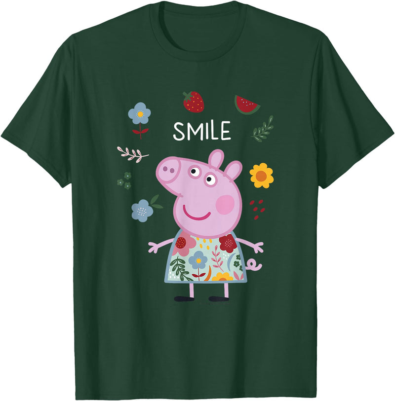 Peppa Pig Smile Cute Flowers & Fruit Full Body Portrait T-Shirt - Dark Green