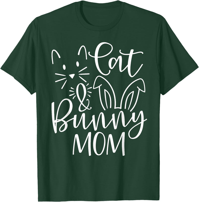 Cute Cat and Bunny Mom Design - Rabbit and Cat Owner T-Shirt in Dark Green