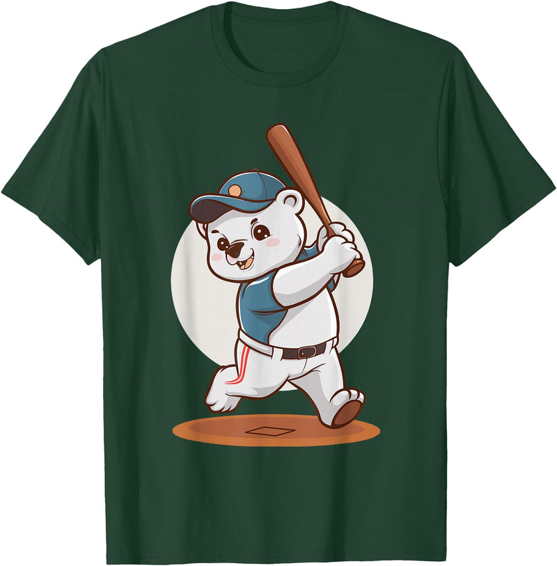 Adorable Polar Bear Baseball Theme Design Cute Polar Bear Playing Baseball Design Adorable Baseball T-Shirt - Dark Green