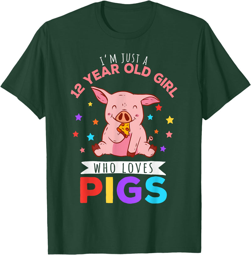 Funny Pig Lover Girl Pig Birthday Gift I'm Just A 12 Year Old Girl Who Loves Pigs Hog Lover T-Shirt - Dark Green