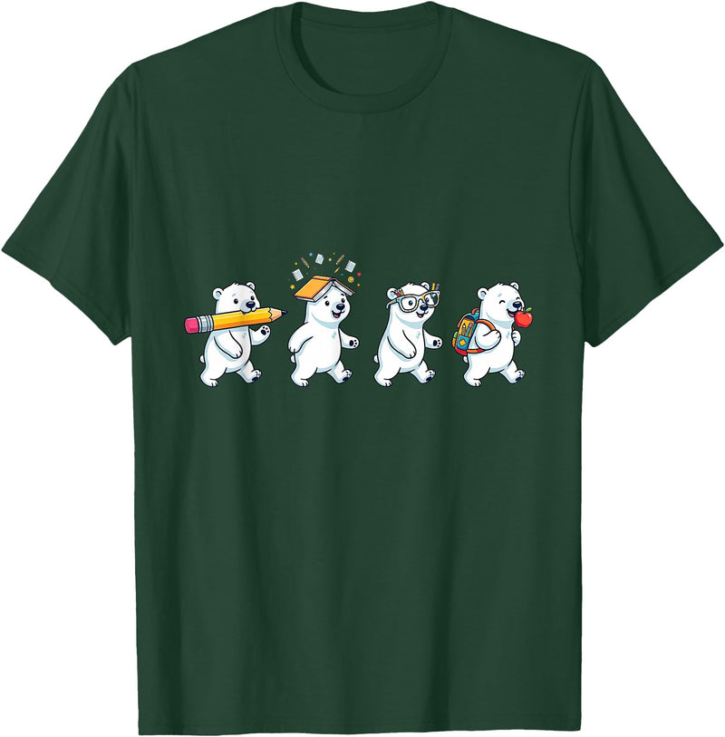Cute Polar Bear Lovers First Day of School Costume Funny Polar Bear Back to School Teacher Student T-Shirt - Dark Green