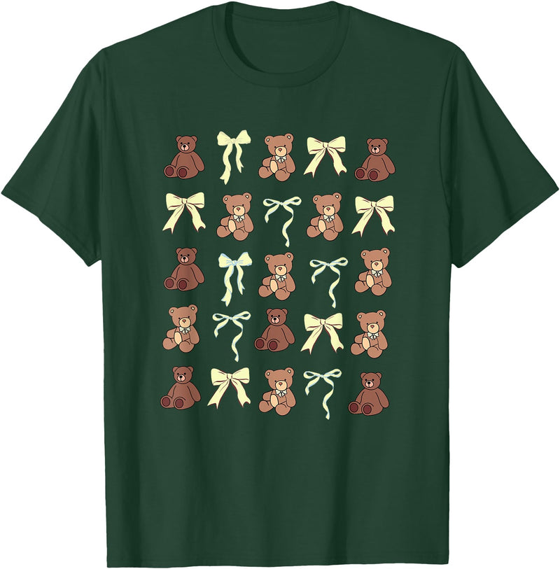 Coquette Aesthetic Graphics Preppy Teddy Bears Yellow Bows Coquette Girly Aesthetic T-Shirt - Dark Green