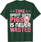 Funny Pig Farm Piggy Farmer Farming Gifts DAIMMER Time Spent With Pigs Is Never Wasted T-Shirt - Dark Green