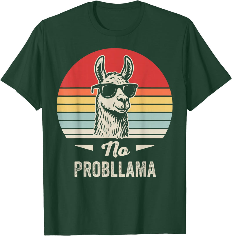 Retro Llama Humor No Drama Vintage Vibes No Probllama Retro Llama Humor Design T-Shirt - Dark Green