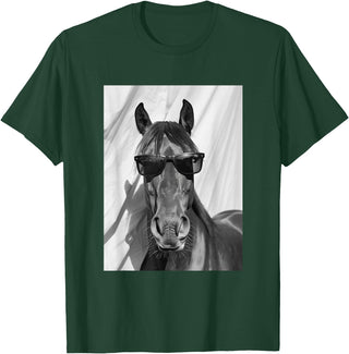 Funny Animal Photography Clothing Co. Cute Horse with Sunglasses Farm Animal Photo Booth T-Shirt - Dark Green