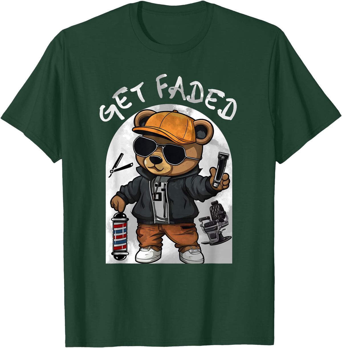 Black Barbershop African American Barber Designs Get Faded Hip Hop Teddy Bear Barber Streetwear Fade Haircut T-Shirt - Dark Green
